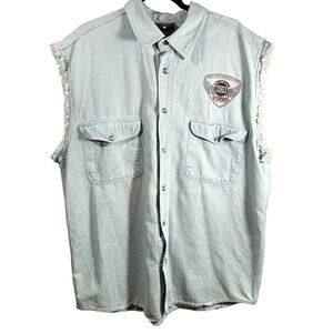 Vintage Biker Design Sturgis Mens 2XL Chambray Sleeveless Button Shirt Big Tall
